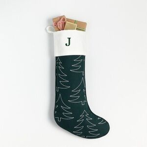 Crate & Barrel Green Embroidered Tree Christmas Stocking Monogram J